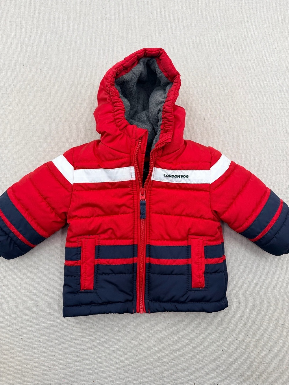 London Fog Red Infant Puffer Jacket with Gray Lining